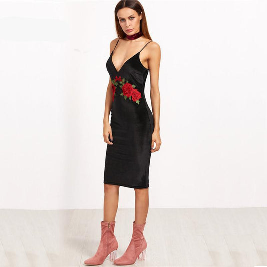 "Black Velvet Embroidered Rose Dress" - AH Boutique