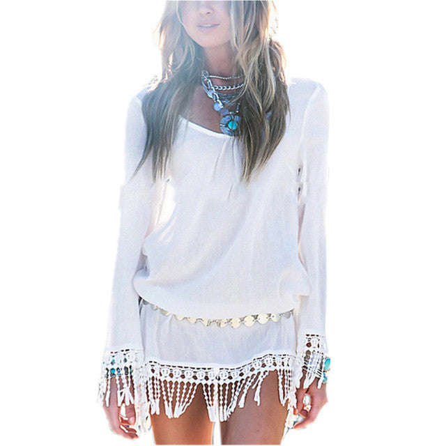 "Boho Mini" Chiffon Swimsuit Cover Up Dress With Fringe White Or Black - AH Boutique