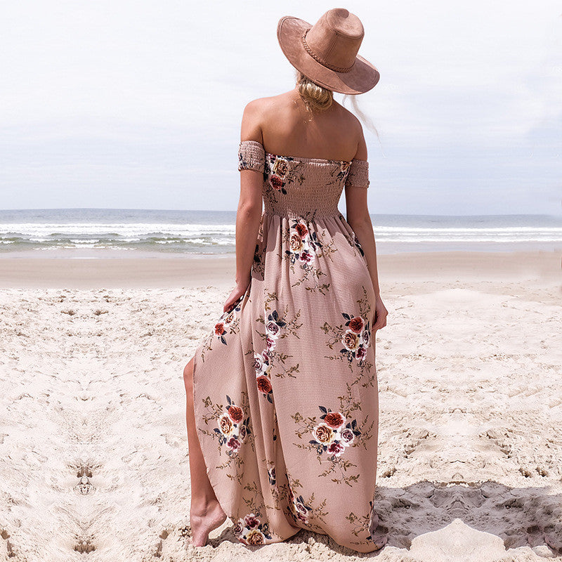 Off shoulder Vintage Chiffon Floral Long Dress - AH Boutique