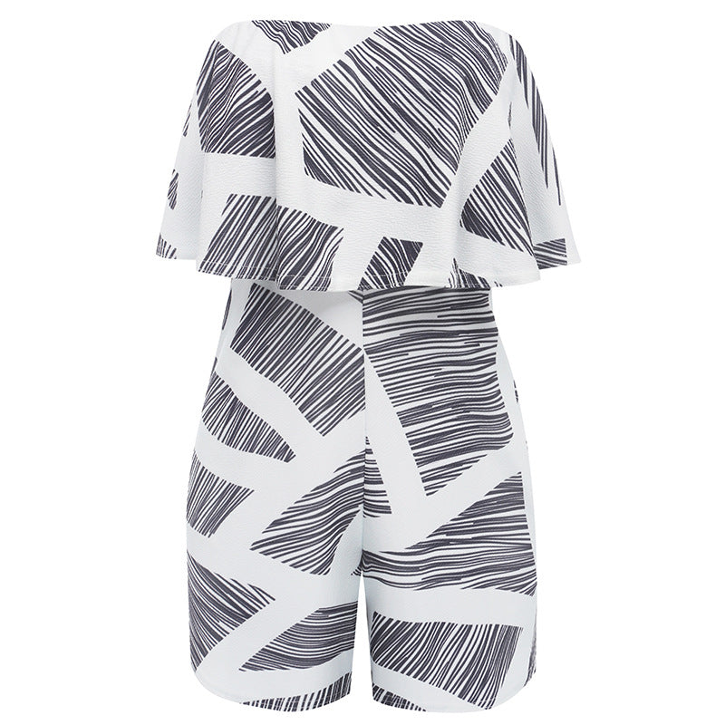 "Strapless Striped Gray & White Romper" - AH Boutique