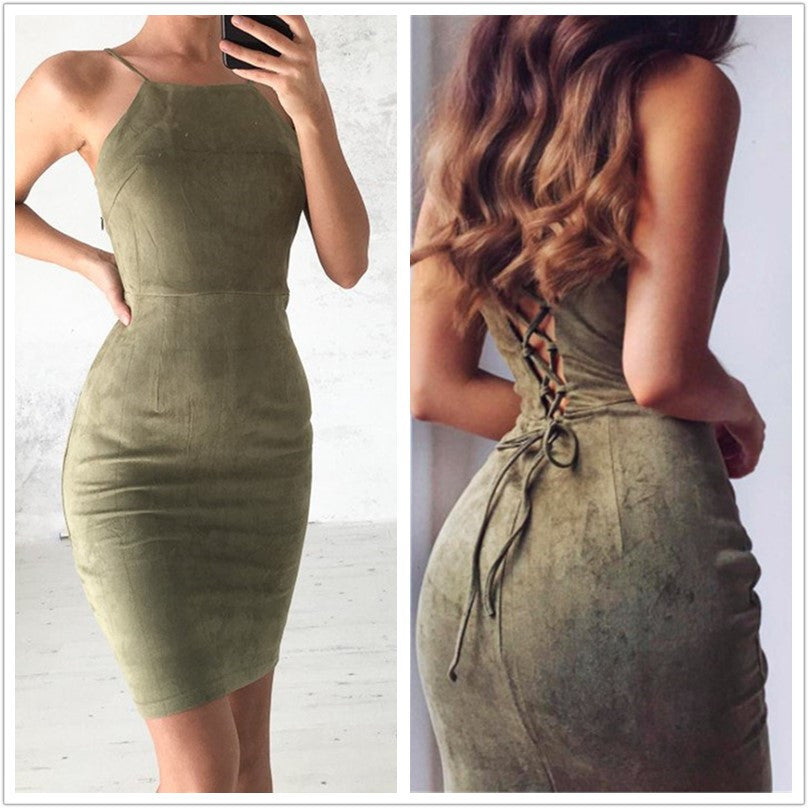 "Short Sleeveless Suede Dress" - AH Boutique