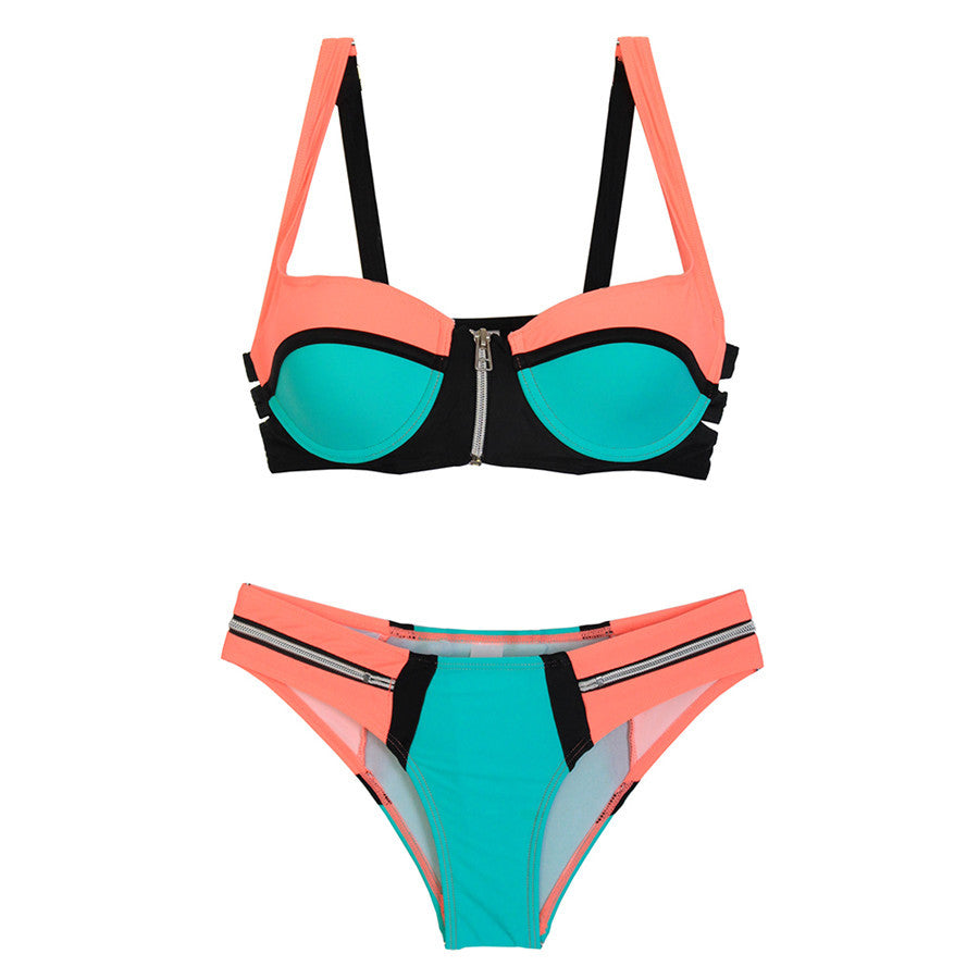 "Zipper Push Up Patchwork Bikini" - AH Boutique