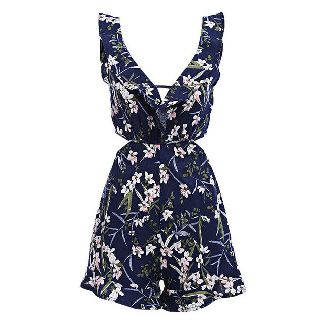"Floral Print Deep V Ruffle Romper" - AH Boutique