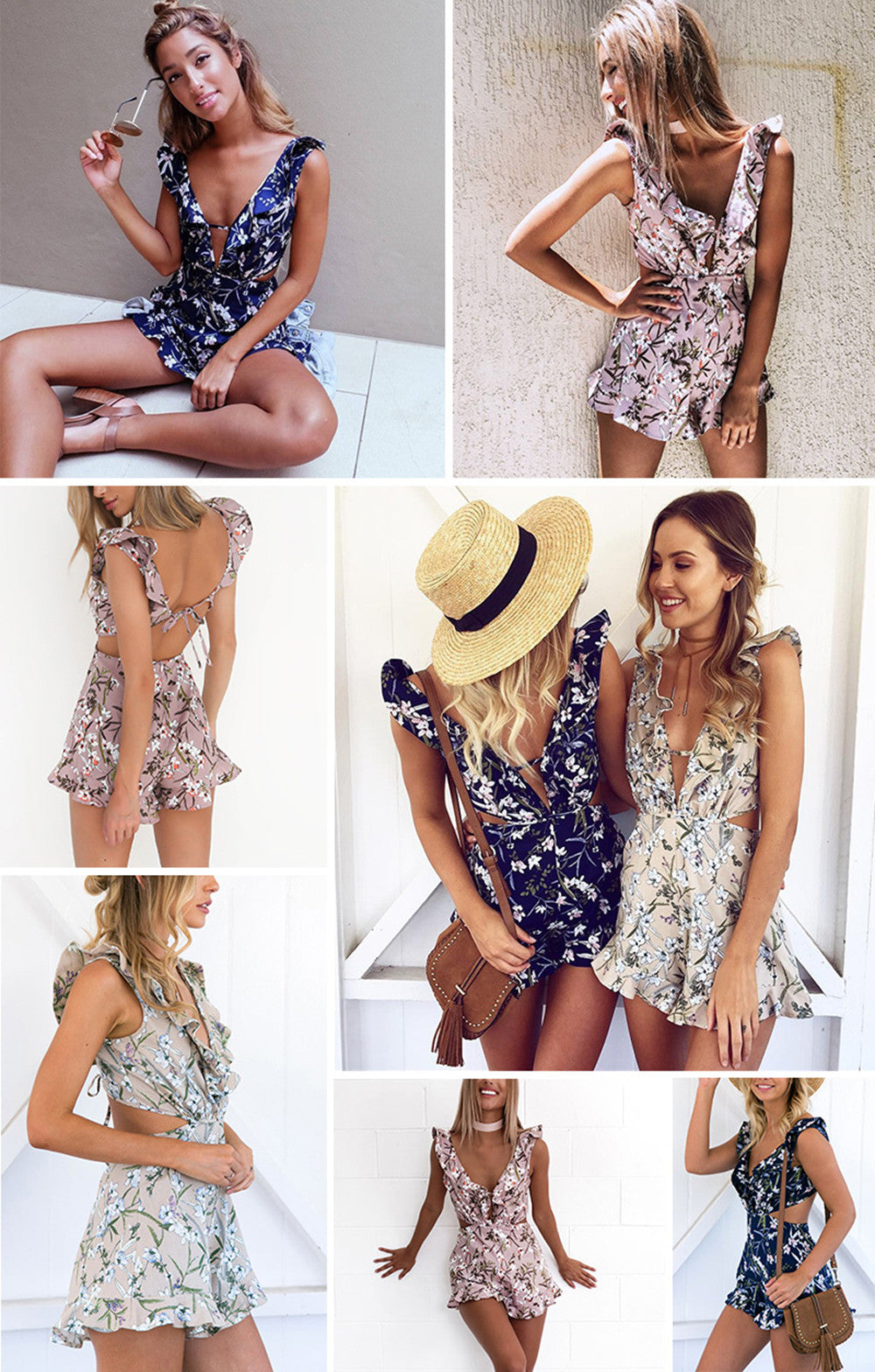 "Floral Print Deep V Ruffle Romper" - AH Boutique