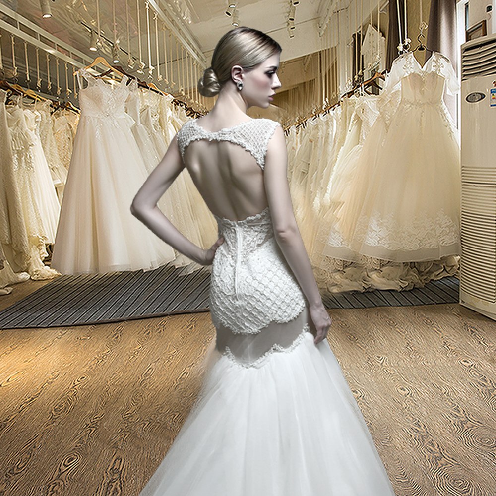 "Open Back Mermaid Wedding Dress" - AH Boutique
