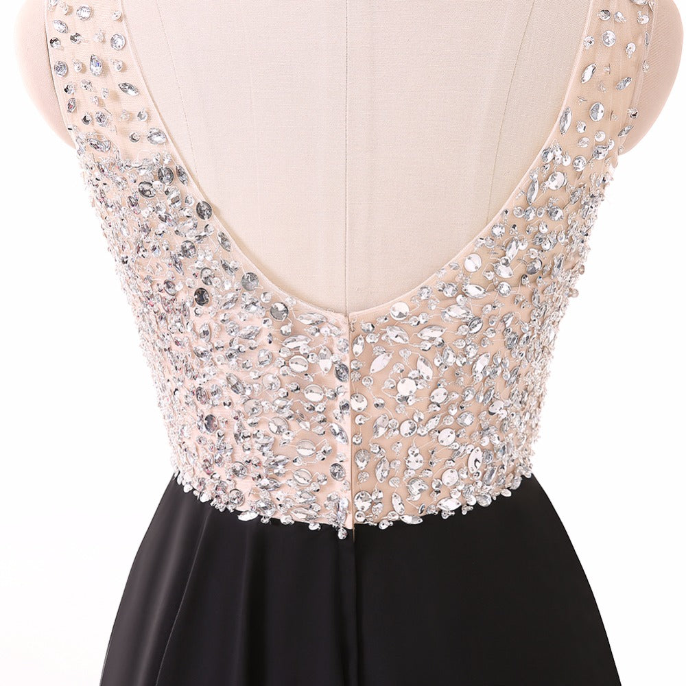 "Sleeveless V Neck Sparkling Chiffon Crystal Beaded Long Prom Dress" (CUSTOMIZABLE) - AH Boutique