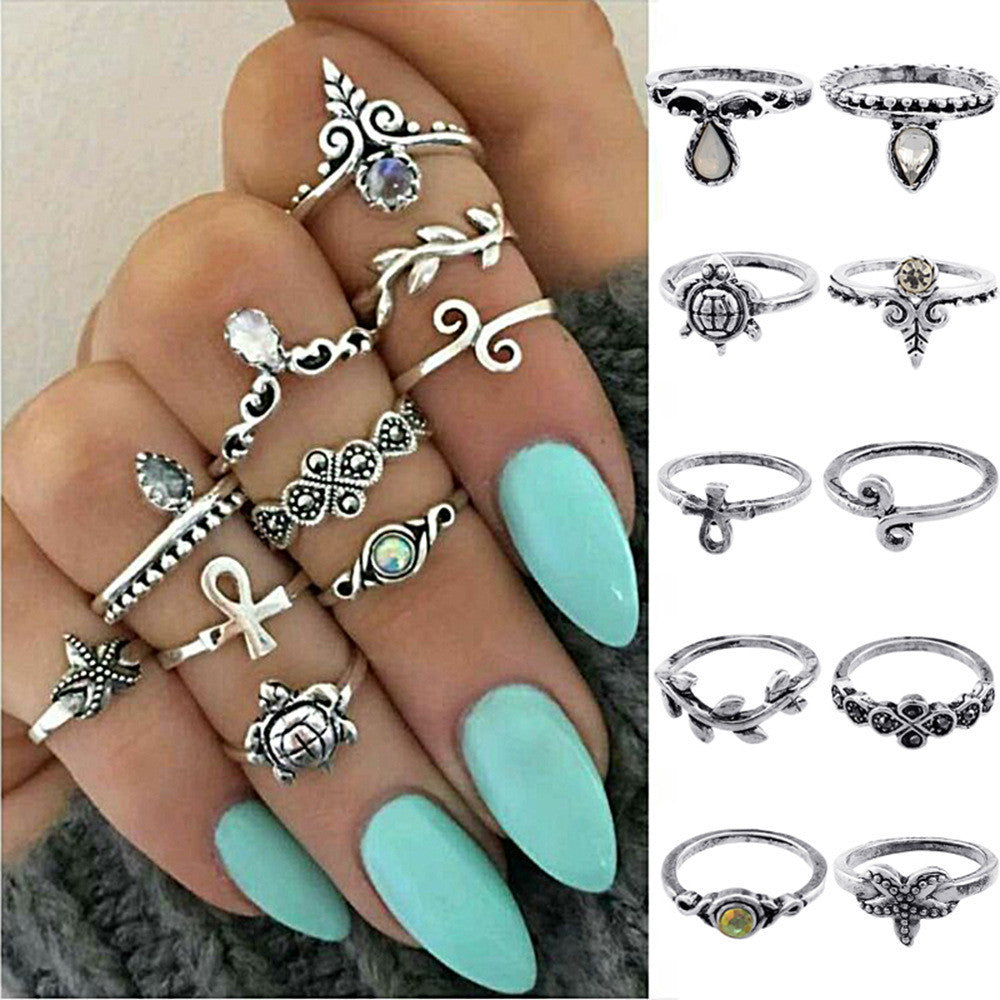 "The Bohemian Above Knuckle Vintage Silver 10 Piece Ring Set " - AH Boutique