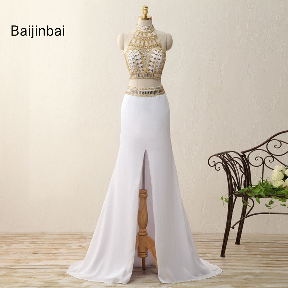 "Two Pieces High Neck Gold Beaded Prom Dress" (CUSTOMIZABLE) - AH Boutique