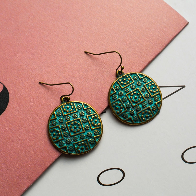 "Antique BOHO Teal Round Dangle" (Brass or Copper) - AH Boutique