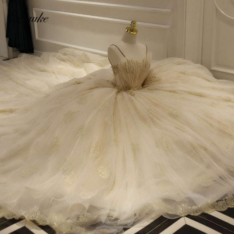 "Ballerina Inspired Champagne Spaghetti Straps Wedding Gown with Beading" - AH Boutique