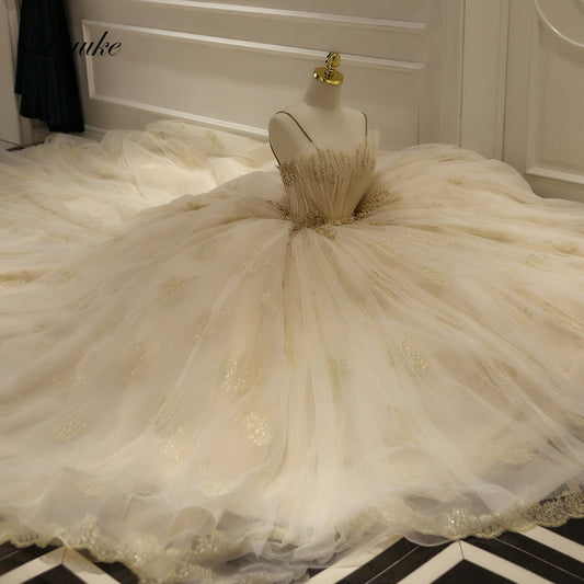 "Ballerina Inspired Champagne Spaghetti Straps Wedding Gown with Beading" - AH Boutique