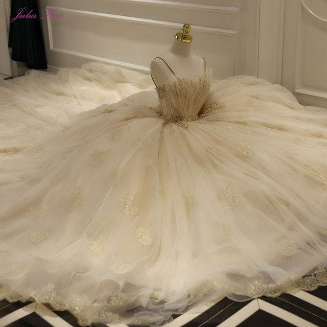 "Ballerina Inspired Champagne Spaghetti Straps Wedding Gown with Beading" - AH Boutique