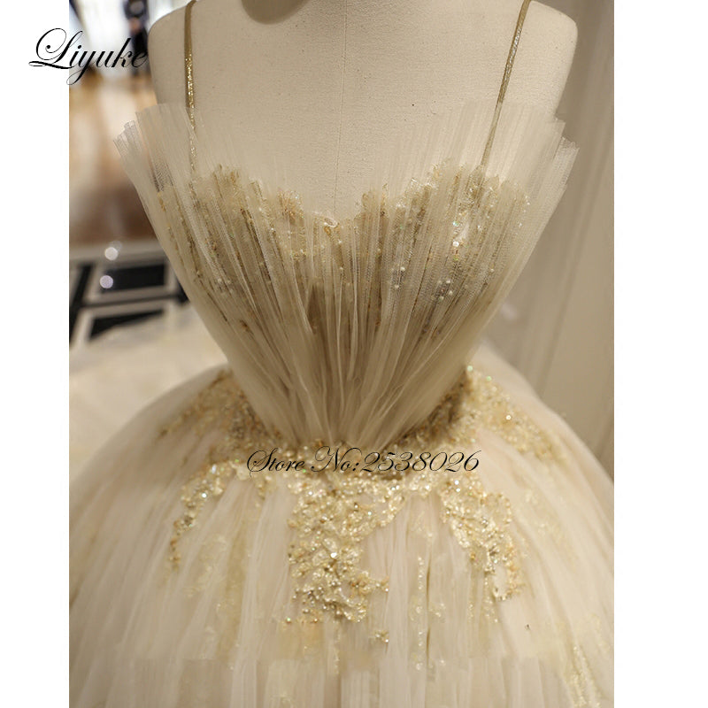 "Ballerina Inspired Champagne Spaghetti Straps Wedding Gown with Beading" - AH Boutique