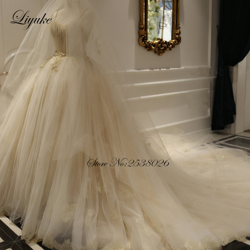 "Ballerina Inspired Champagne Spaghetti Straps Wedding Gown with Beading" - AH Boutique