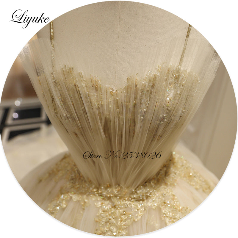 "Ballerina Inspired Champagne Spaghetti Straps Wedding Gown with Beading" - AH Boutique