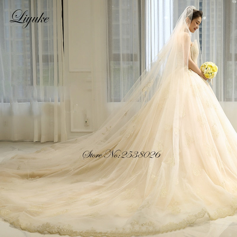 "Ballerina Inspired Champagne Spaghetti Straps Wedding Gown with Beading" - AH Boutique