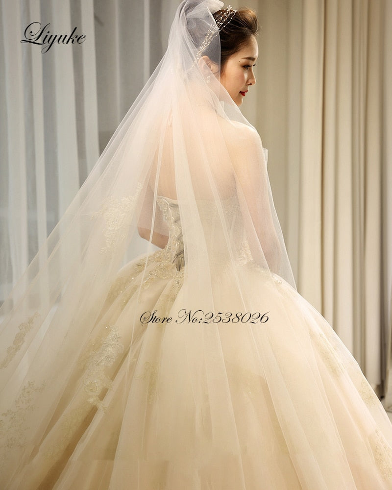 "Ballerina Inspired Champagne Spaghetti Straps Wedding Gown with Beading" - AH Boutique