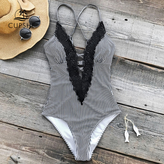 "Black & White Strip Deep V Neck Lace One-piece Swimsuit" - AH Boutique