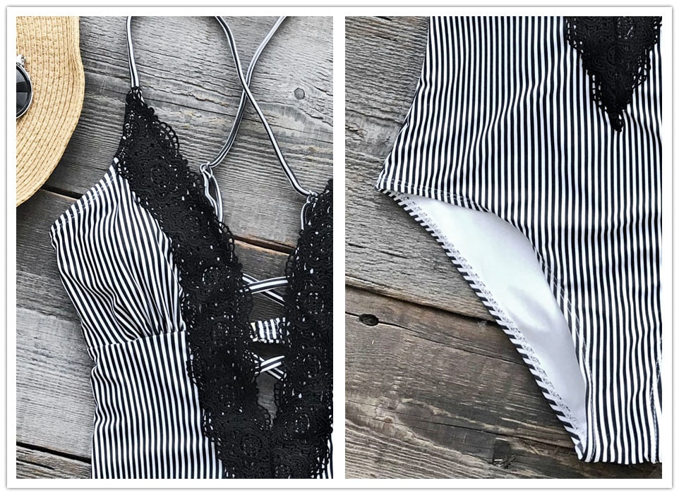 "Black & White Strip Deep V Neck Lace One-piece Swimsuit" - AH Boutique