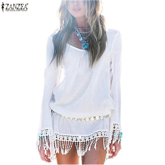 "Boho Mini" Chiffon Swimsuit Cover Up Dress With Fringe White Or Black - AH Boutique