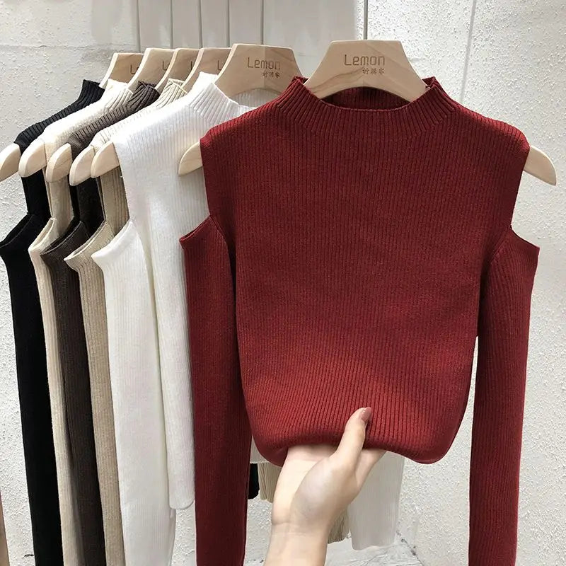 Knitted Sweater Women Pullovers New Long Sleeve Stand Collar Off-shoulder Knit Sweater Pullover Women Tops