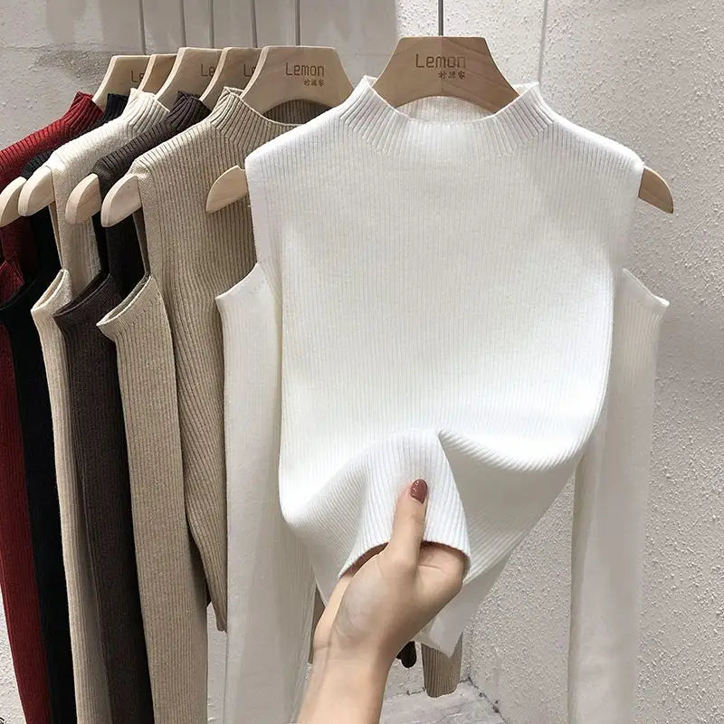 Knitted Sweater Women Pullovers New Long Sleeve Stand Collar Off-shoulder Knit Sweater Pullover Women Tops