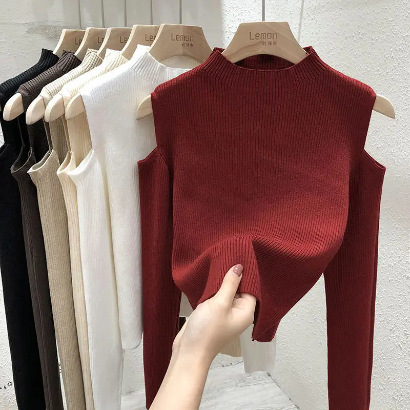 Knitted Sweater Women Pullovers New Long Sleeve Stand Collar Off-shoulder Knit Sweater Pullover Women Tops