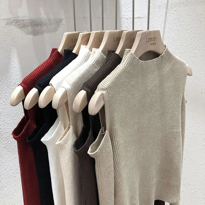 Knitted Sweater Women Pullovers New Long Sleeve Stand Collar Off-shoulder Knit Sweater Pullover Women Tops