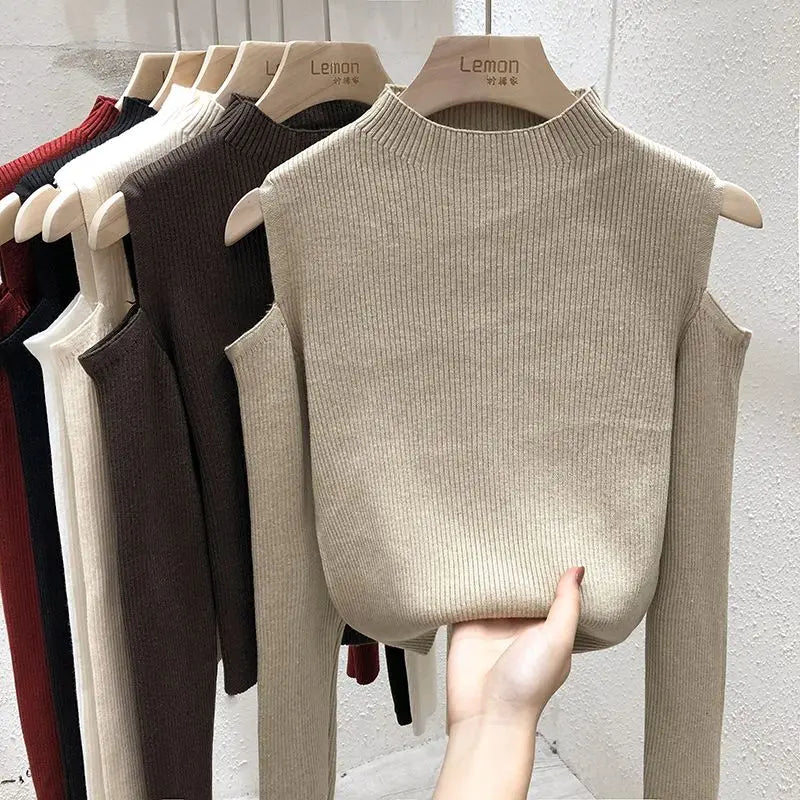 Knitted Sweater Women Pullovers New Long Sleeve Stand Collar Off-shoulder Knit Sweater Pullover Women Tops