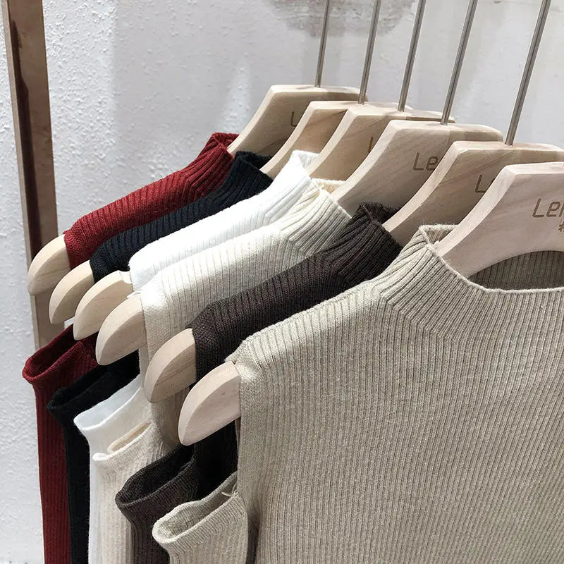 Knitted Sweater Women Pullovers New Long Sleeve Stand Collar Off-shoulder Knit Sweater Pullover Women Tops
