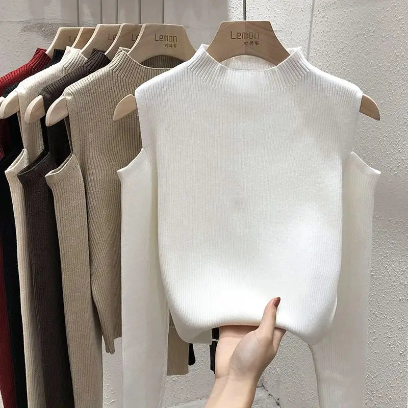 Knitted Sweater Women Pullovers New Long Sleeve Stand Collar Off-shoulder Knit Sweater Pullover Women Tops