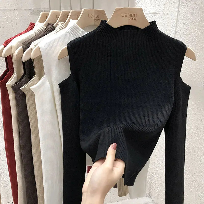 Knitted Sweater Women Pullovers New Long Sleeve Stand Collar Off-shoulder Knit Sweater Pullover Women Tops