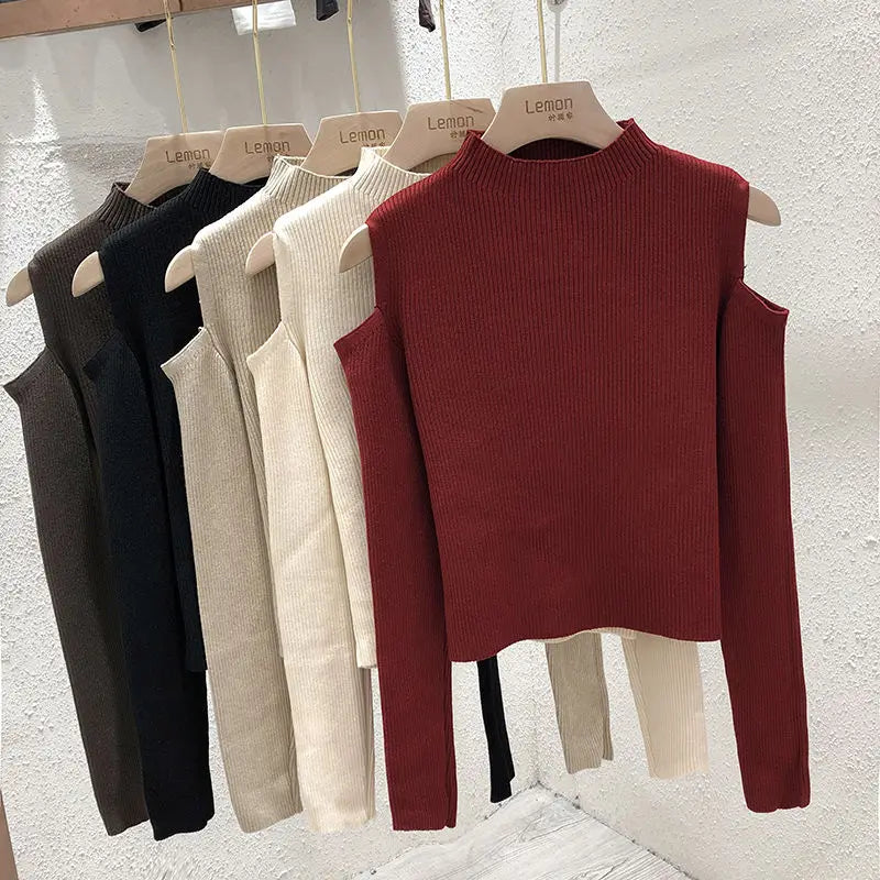 Knitted Sweater Women Pullovers New Long Sleeve Stand Collar Off-shoulder Knit Sweater Pullover Women Tops