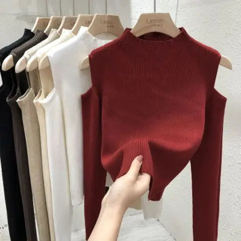 Knitted Sweater Women Pullovers New Long Sleeve Stand Collar Off-shoulder Knit Sweater Pullover Women Tops