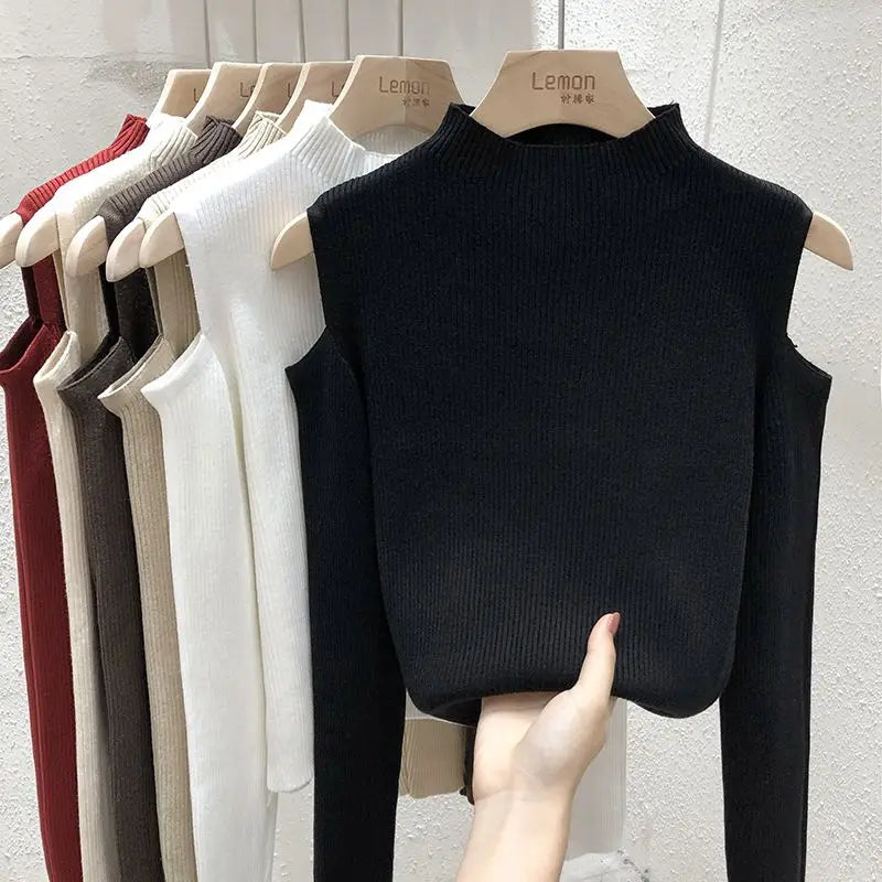 Knitted Sweater Women Pullovers New Long Sleeve Stand Collar Off-shoulder Knit Sweater Pullover Women Tops