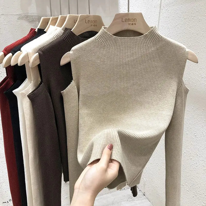 Knitted Sweater Women Pullovers New Long Sleeve Stand Collar Off-shoulder Knit Sweater Pullover Women Tops