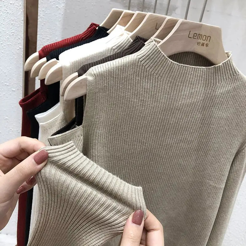 Knitted Sweater Women Pullovers New Long Sleeve Stand Collar Off-shoulder Knit Sweater Pullover Women Tops