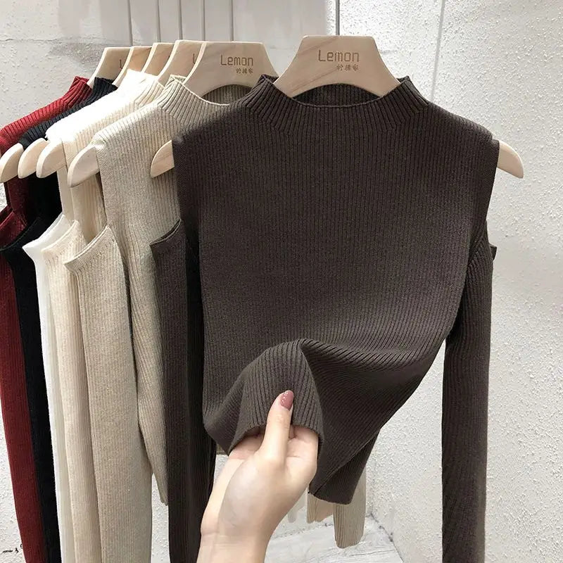 Knitted Sweater Women Pullovers New Long Sleeve Stand Collar Off-shoulder Knit Sweater Pullover Women Tops