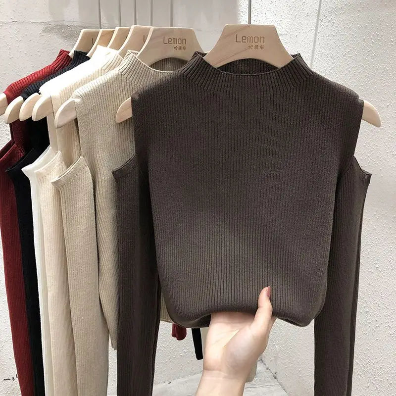 Knitted Sweater Women Pullovers New Long Sleeve Stand Collar Off-shoulder Knit Sweater Pullover Women Tops