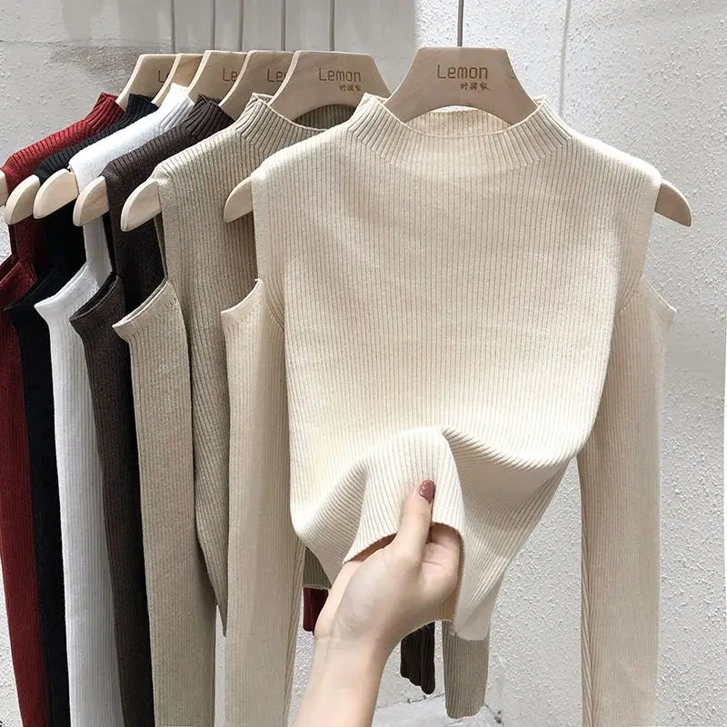Knitted Sweater Women Pullovers New Long Sleeve Stand Collar Off-shoulder Knit Sweater Pullover Women Tops