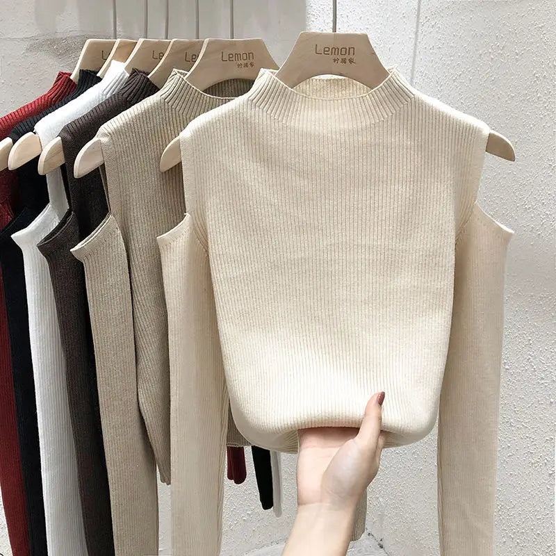 Knitted Sweater Women Pullovers New Long Sleeve Stand Collar Off-shoulder Knit Sweater Pullover Women Tops