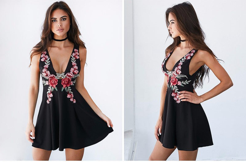"Rose Embroidery Mini Dress" Black or White - AH Boutique