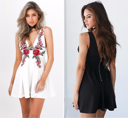 "Rose Embroidery Mini Dress" Black or White - AH Boutique