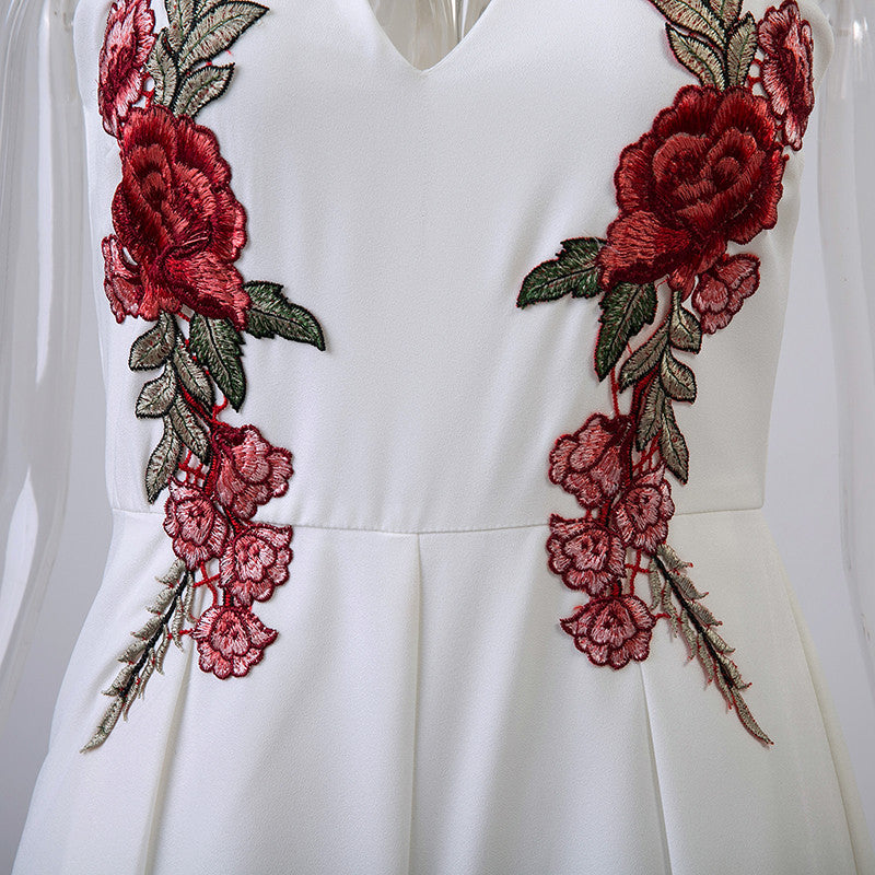 "V Neck Rose Embroidery Romper" - AH Boutique