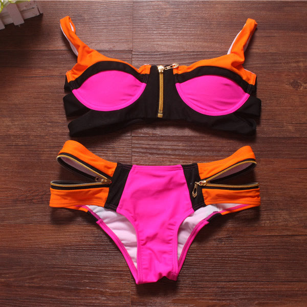 "Bright Block Patchwork Zipper Push Up Swimsuit" (9 Color Options) - AH Boutique