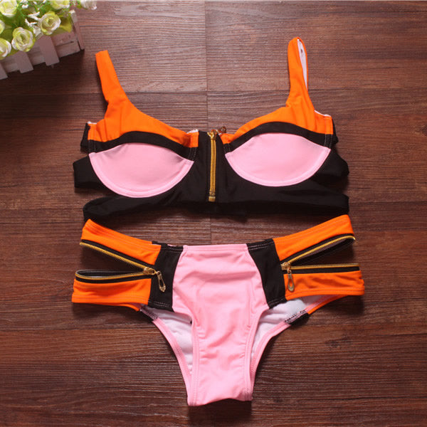 "Bright Block Patchwork Zipper Push Up Swimsuit" (9 Color Options) - AH Boutique