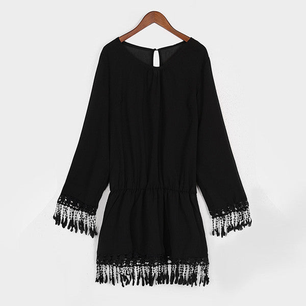 "Boho Mini" Chiffon Swimsuit Cover Up Dress With Fringe White Or Black - AH Boutique