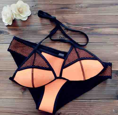 "Neoprene & Mesh Patchwork Bikini" - AH Boutique