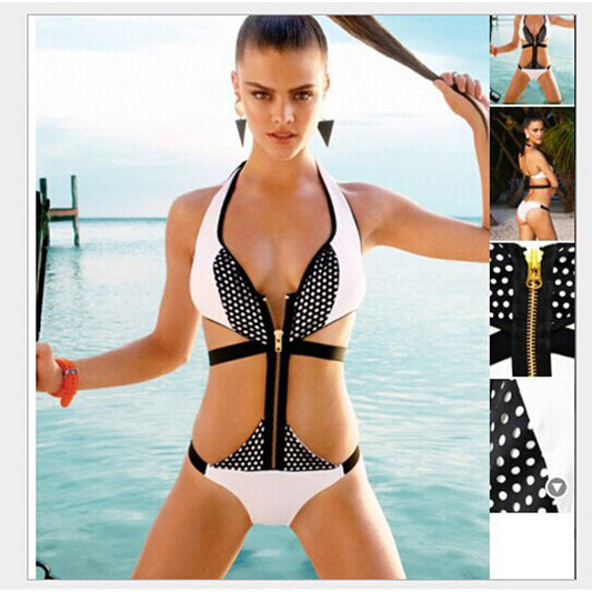 "Retro Halter Patchwork Zipper One-Piece Swimsuit" - AH Boutique