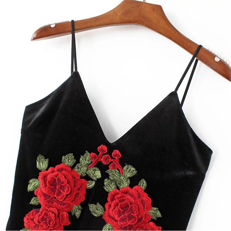 "Black Velvet Embroidered Rose Dress" - AH Boutique